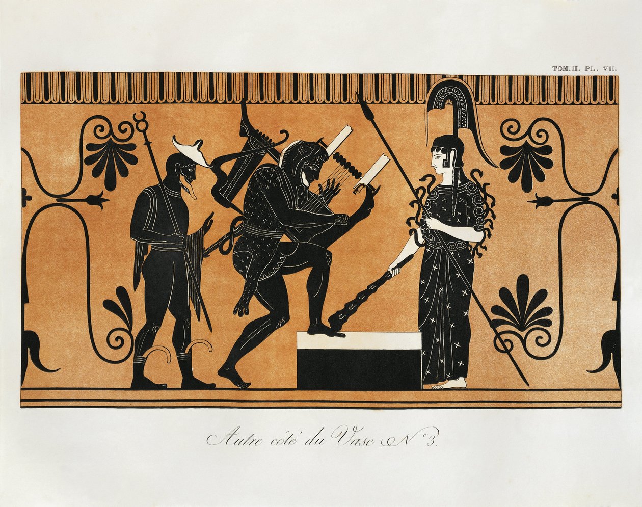 Scen från antik grekisk vas med Herakles som spelar lyra framför Athena med Hermes stående bakom sig av Piringer (efter grekiskt original), gravyr av Benedict or Benedikt Piringer