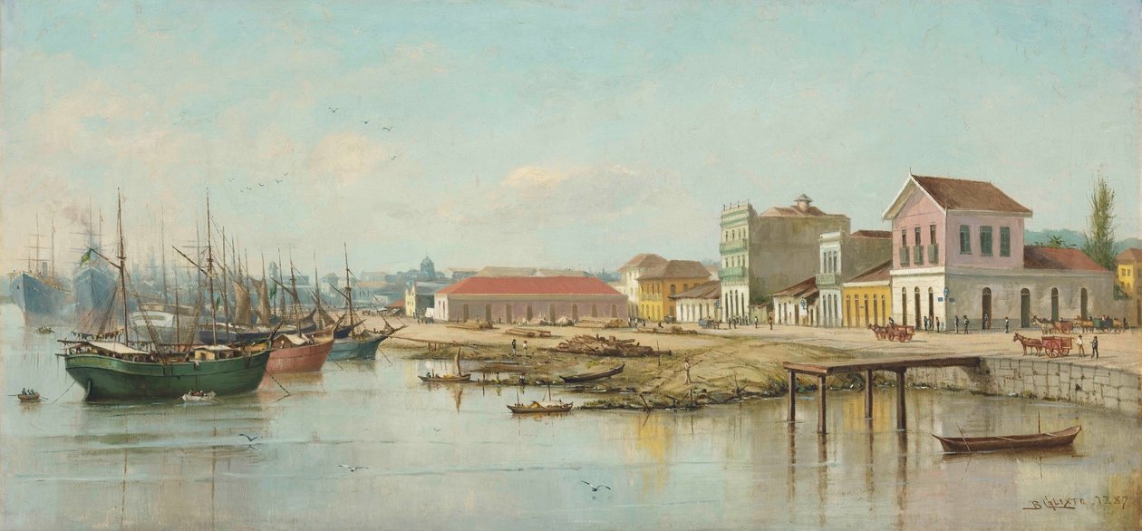 Benedito Calixto - Porto do Bispo, Santos, SP, sett från havet, 1887 av Benedito Calixto