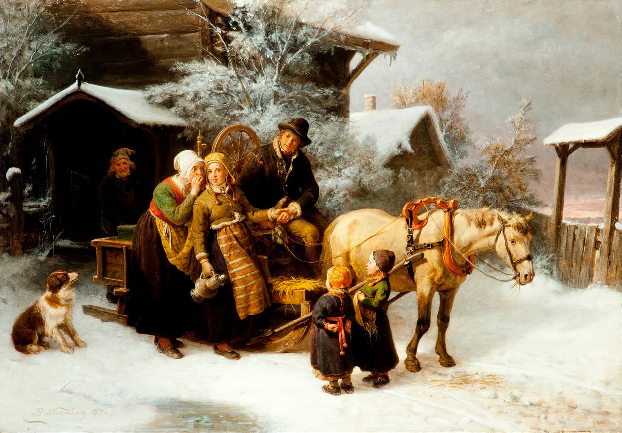 "" Le depart de la maison "" Scene dans la region de la Dalecarlie en Suede (Leaving Home (Dalecarlian Scene) - Peinture de Bengt Nordenberg (1822-1902) - Olja på duk Dim 54,5x78 cm Hallwylska Museet, Stockholm av Bengt Nordenberg