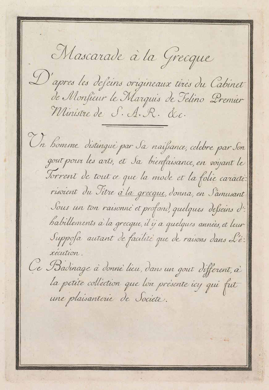 Grekisk maskerad: Titelbladsskylt 1, 1771. av Benigno Bossi