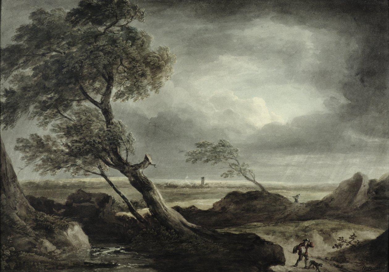 Landskap med by: Stormig effekt av Benjamin Barker