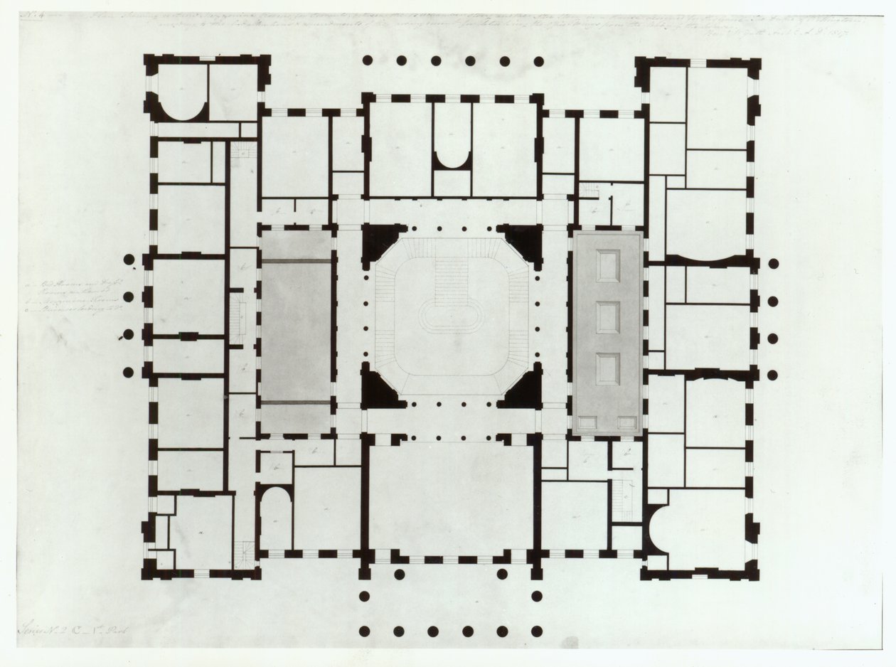 Plan av mezzaningolvet, 1815 (penna och svart bläck, grå tvättar) av Benjamin Dean Wyatt
