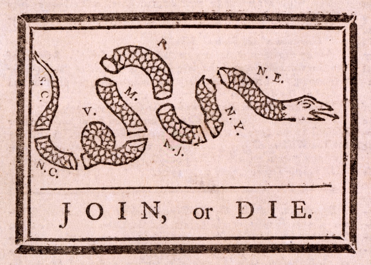 Gå med, eller dö, pub. 1754 av Benjamin Franklin