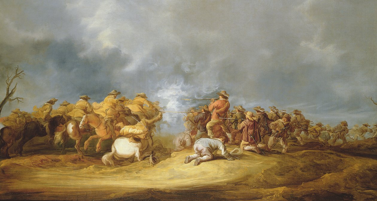 En kavalleriladdning: beridna trupper som attackerar ett muskötblock av Benjamin Gerritsz. Cuyp