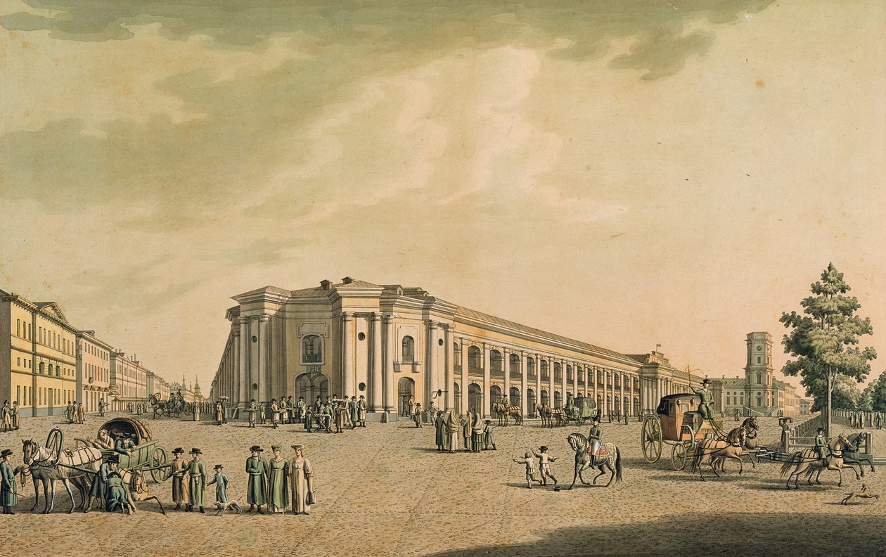 Vy över de ryska butikerna på Nevskij Prospekt, med dumans hus, S:t Petersburg, 1802 (gravyr med wc) av Benjamin Patersson