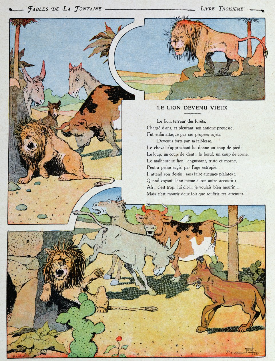 Det åldrande lejonet, från "Fables" av Jean de la Fontaine (1621-95) 1906 av Benjamin Rabier