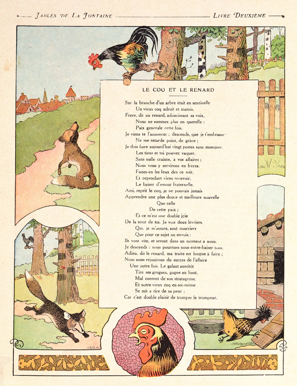 Hönan och räven, illustration ur "Fabler" av Jean de la Fontaine, 1906 års upplaga. av Benjamin Rabier