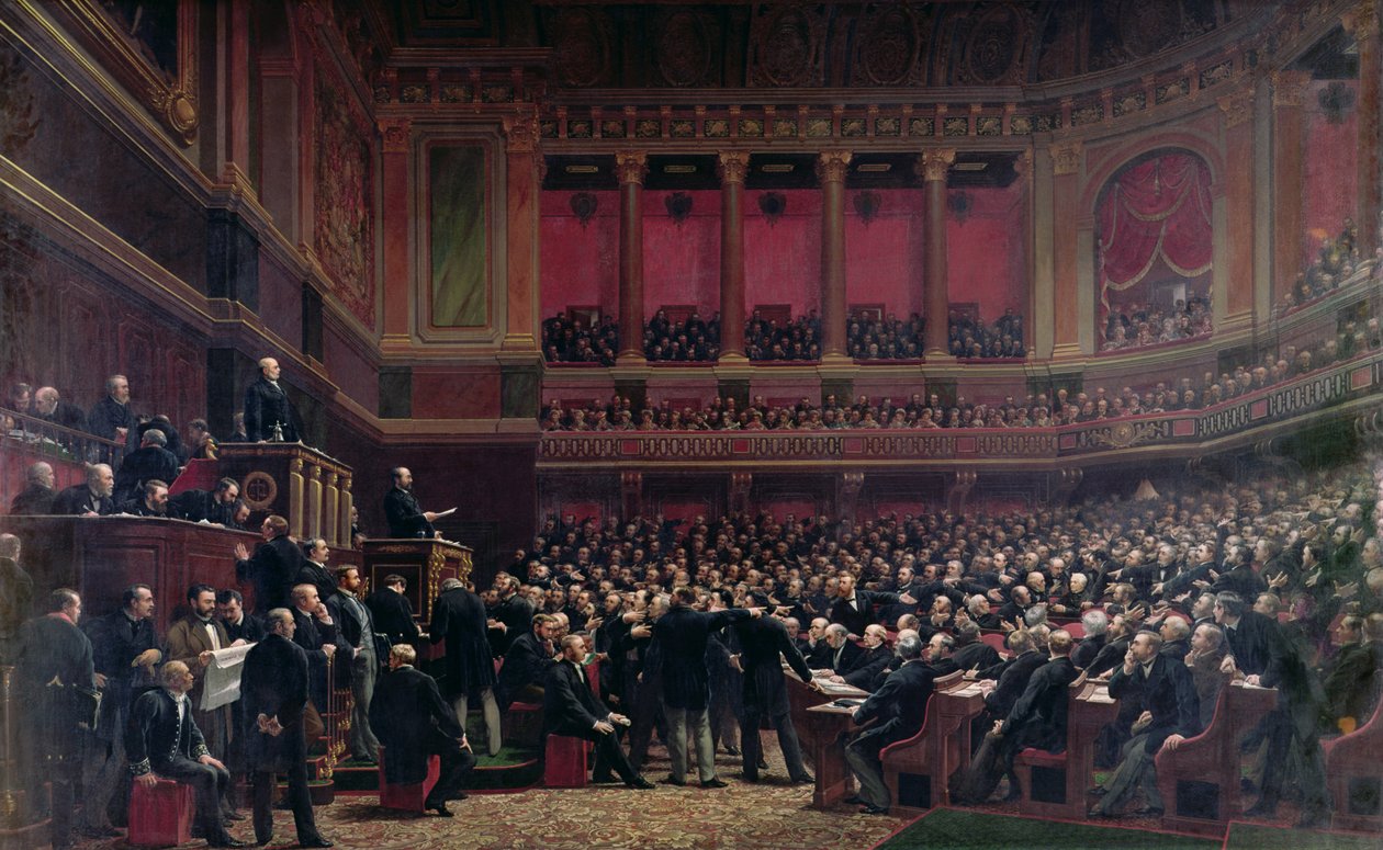 Louis Adolphe Thiers (1797-1877) hyllad av deputeradena under ett möte, 16 juni 1877, ca 1878 av Benjamin Ulmann