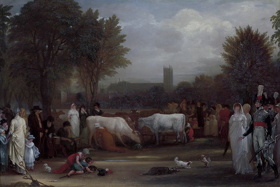  Milkmaids in St. Jamess Park, Westminster Abbey beyondn av Benjamin West