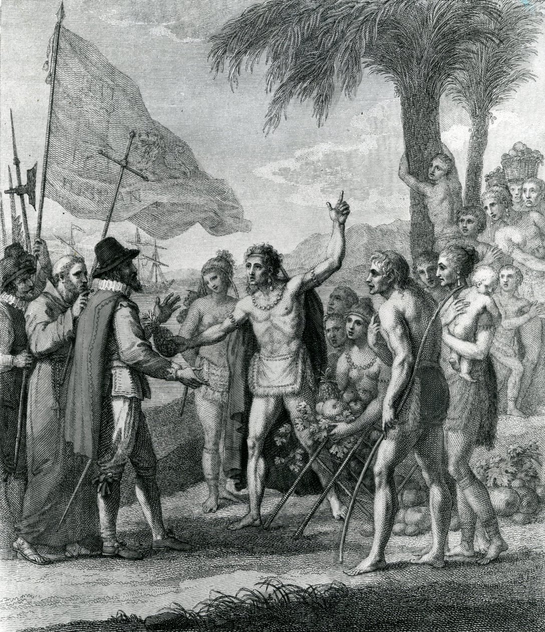 En indiansk Cacique från ön Kuba som vänder sig till Columbus (1451-1500) angående en framtida stat, frontispice till "The History, Civil and Commercial of the British Colonies in the West Indies" av Bry av Benjamin West