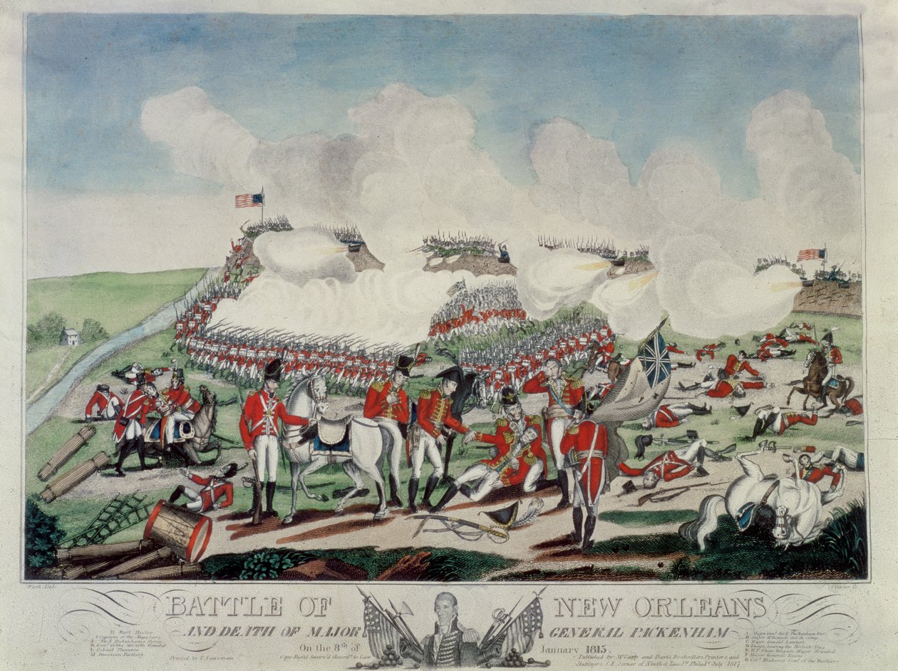 Slaget vid New Orleans och generalmajor Packenhams död den 8 januari 1815, graverad av J. Yeager, publicerad av McCarly und Davis, 1817 av Benjamin West