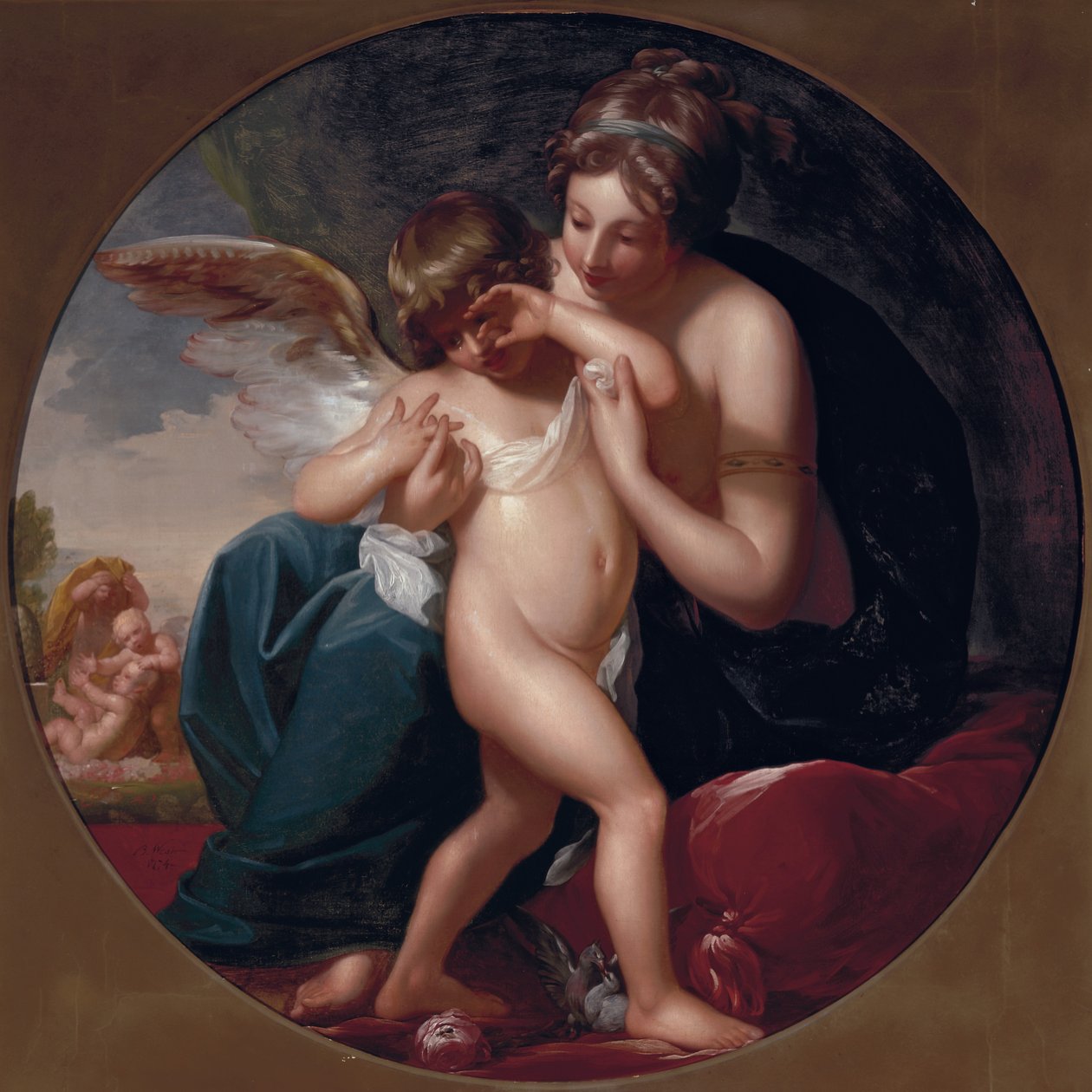 Amor, stucken av ett bi, omhuldas av sin mor, 1774 av Benjamin West