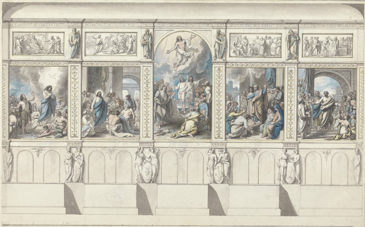 Design för en vägg i Chapel of Revealed Religion (wc, penna och pensel och bläck på papper indraget för överföring) av Benjamin West