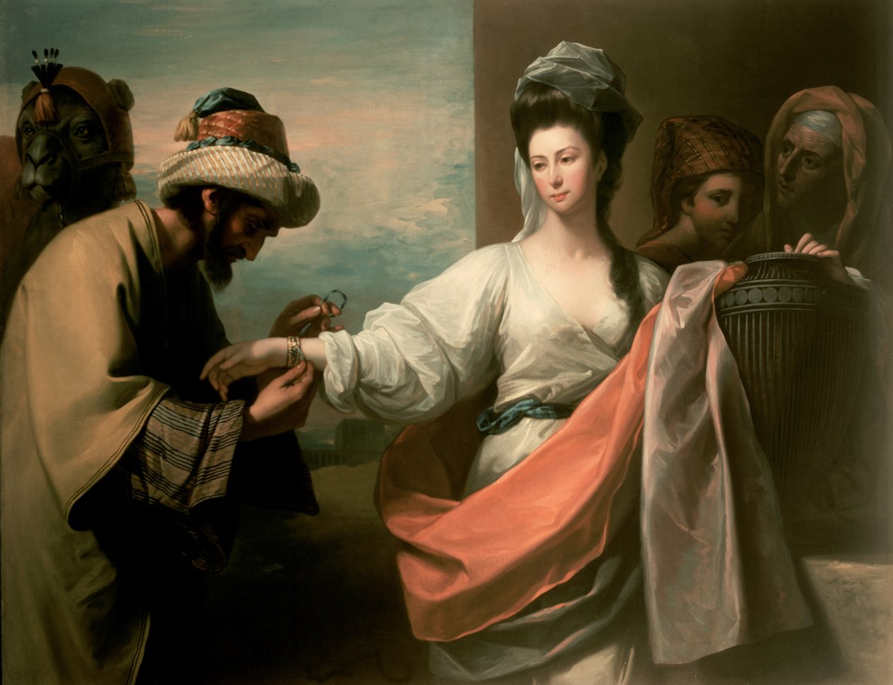 Isaks tjänare provar armbandet på Rebeccas arm. av Benjamin West