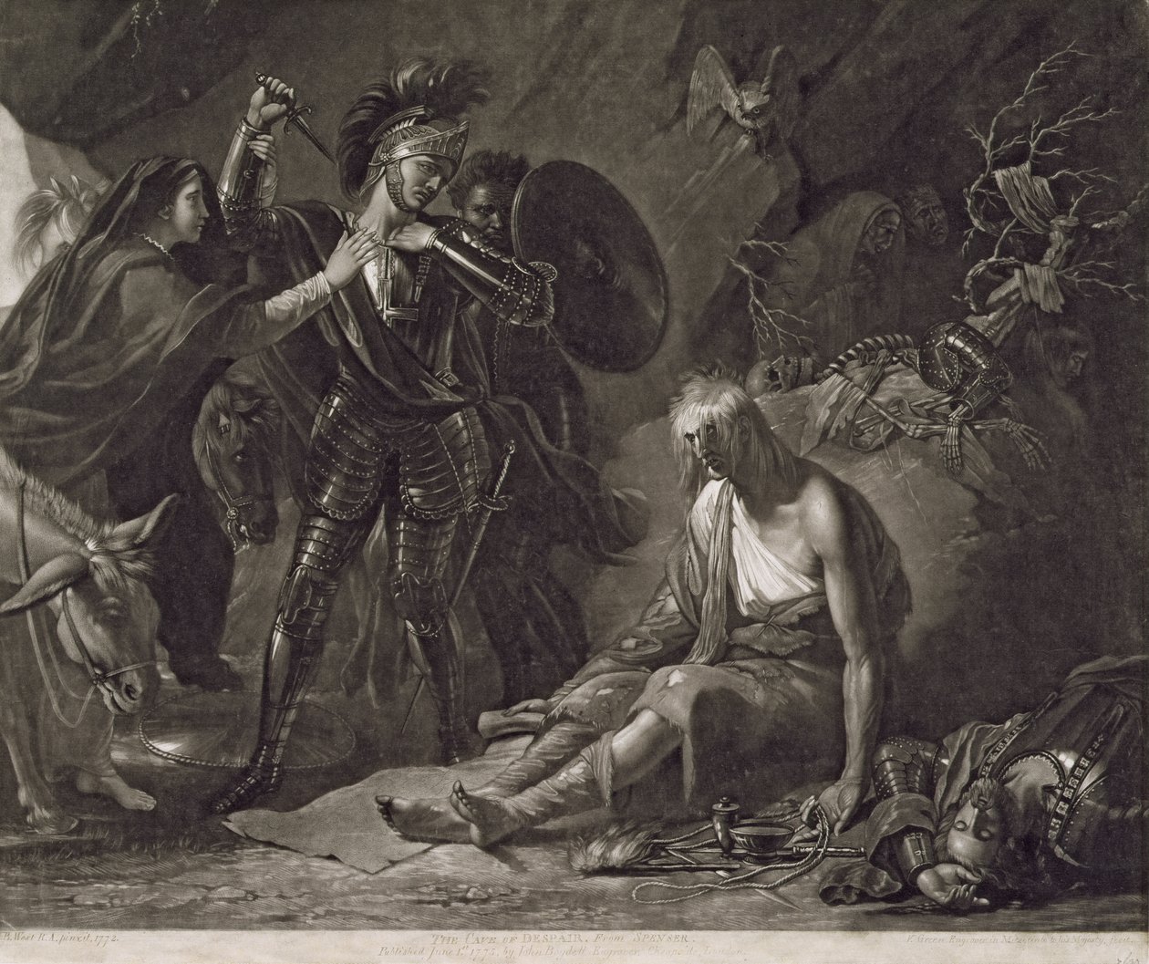 The Cave of Despair, från Spenser, graverad av Valentine Green (1739-1813) 1775 (mezzotint) av Benjamin West