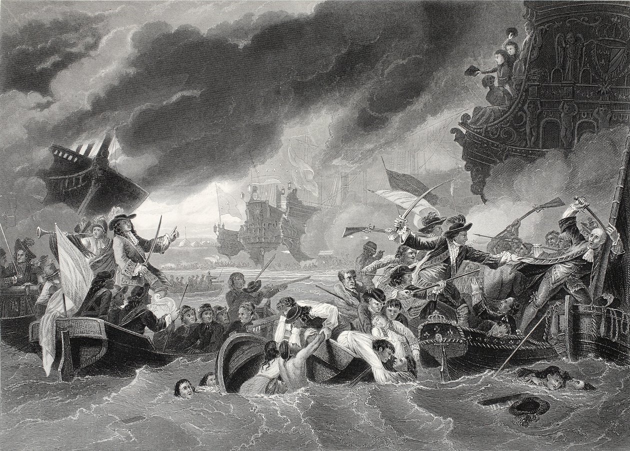 Slaget vid La Hogue, graverad av W. French (litho) av Benjamin (after) West