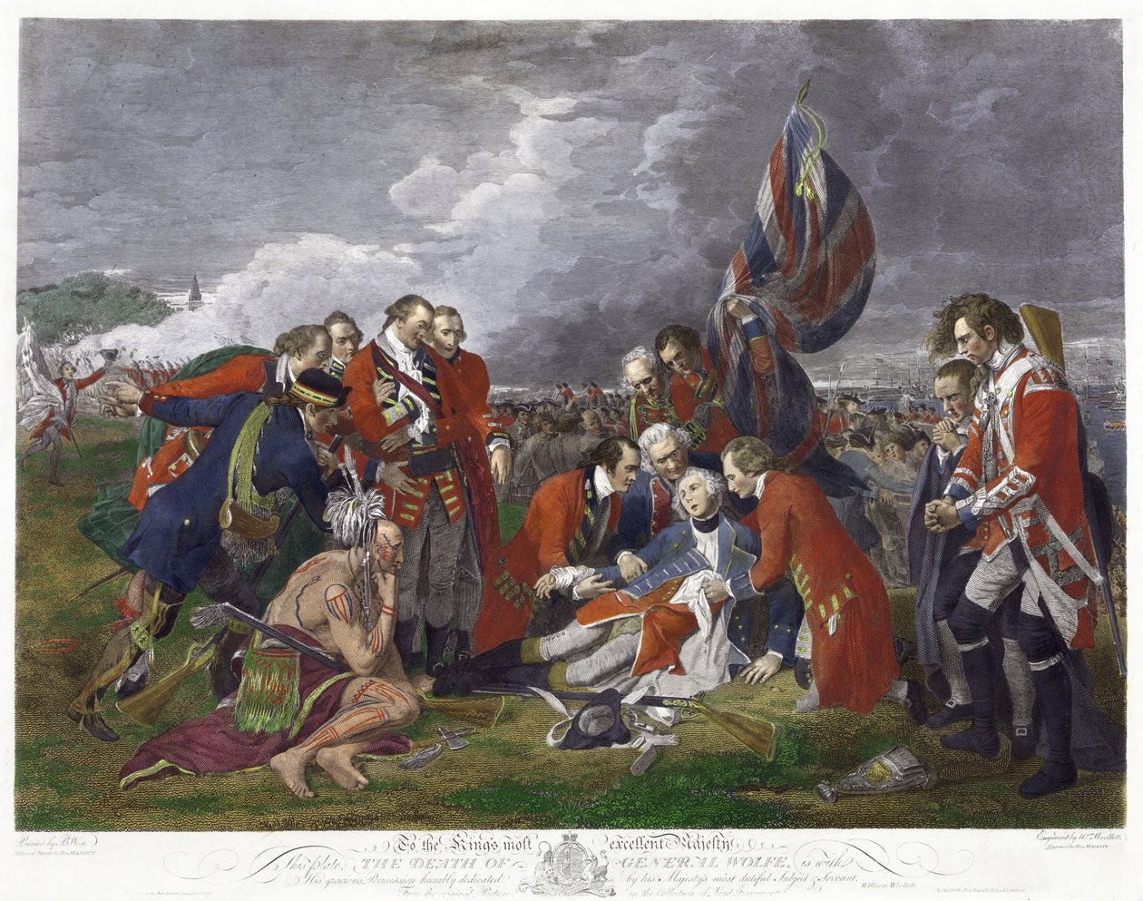 General Wolfes död" efter målning av Benjamin West. James Wolfe (1727-1759) brittisk arméchef, dödligt skadad vid segern över fransmännen i slaget vid Plains of Abraham, Quebec. Sjuåriga kriget Kanada Frankrike av Benjamin (after) West