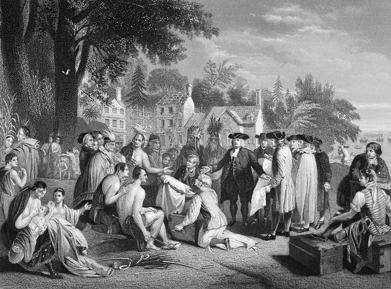 William Penns fördrag med indianerna, graverad av W. French (litho) av Benjamin (after) West