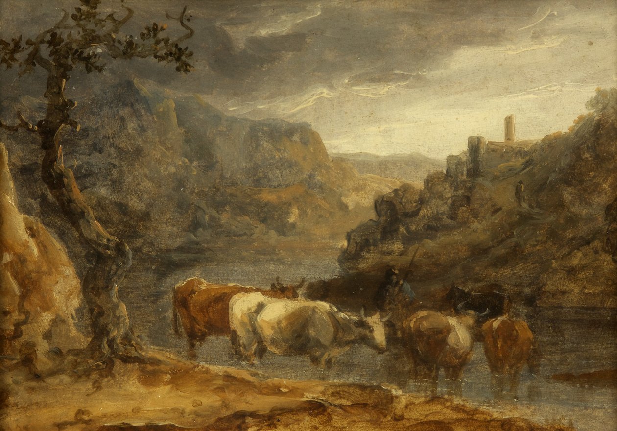 Landskap med boskap (olja på papper) av Benjamin Barker