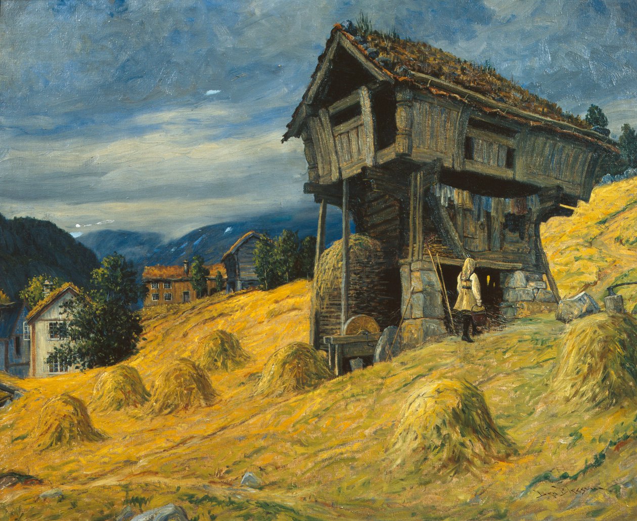 Flicka vid förrådshus (målning) av Benjamin Blessum