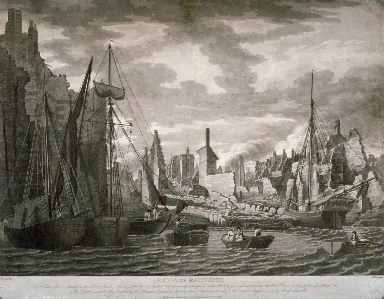 Utsikt över Ratcliffe-området, London, som visar ruinerna efter branden den 23 juli 1794 av Benjamin Burnell