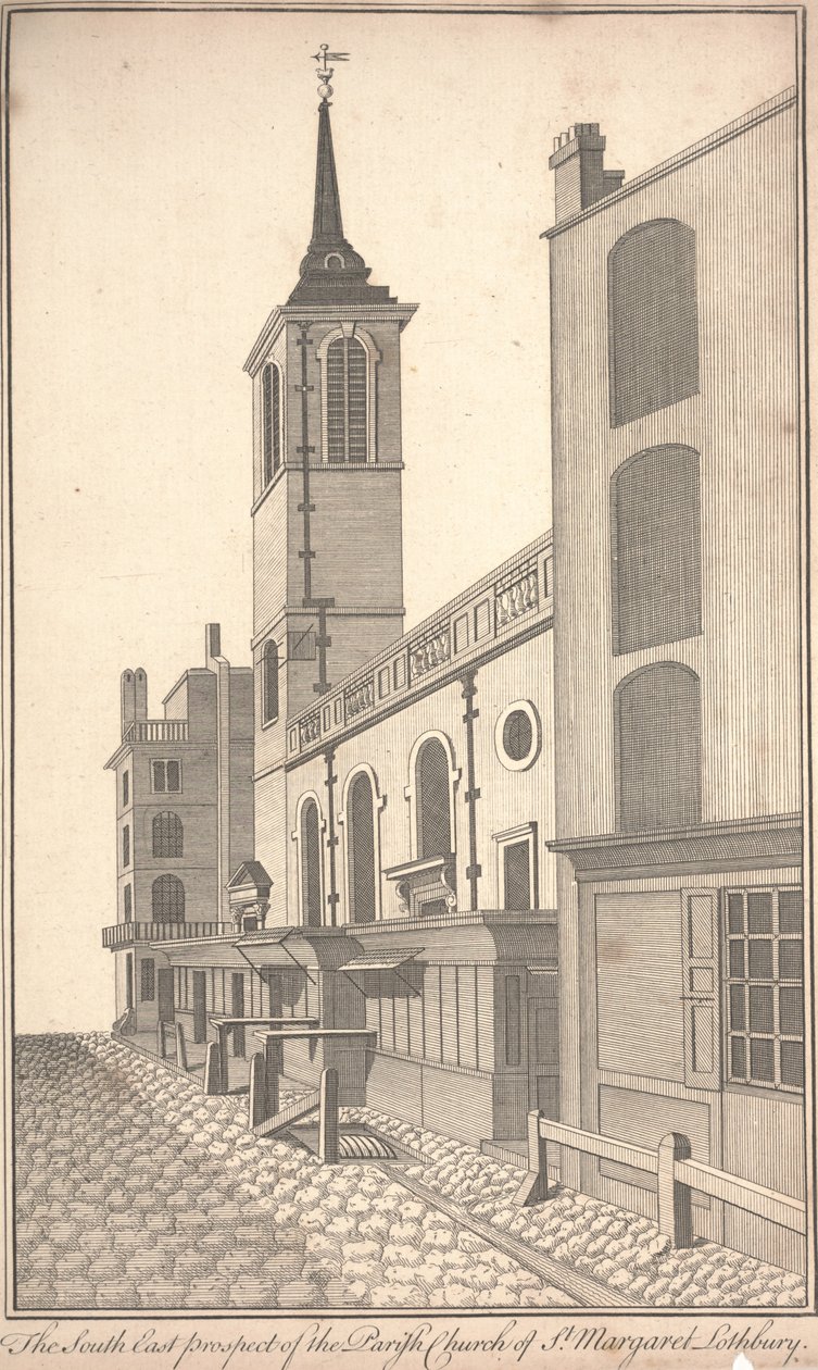 The South East Prospect of the Parish Church of St. Margaret Lothbury, c.1750 (gravyr) av Benjamin Cole