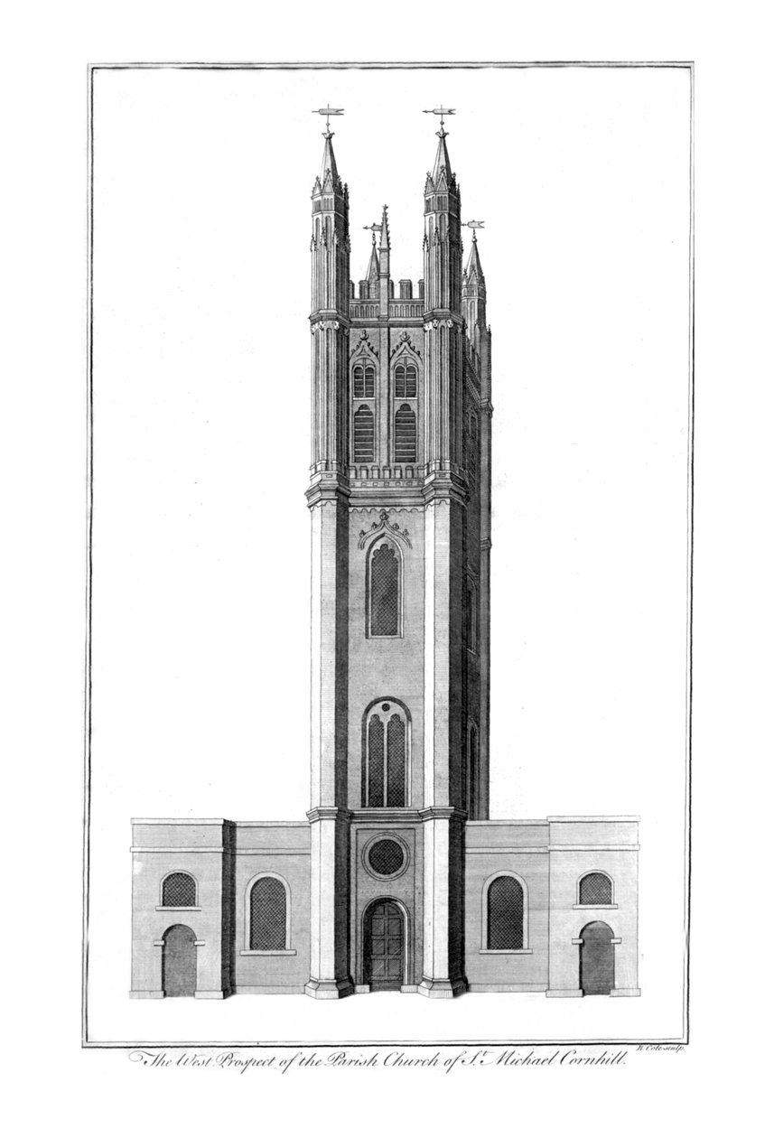The West Prospect of the Parish Church of St. Michael Cornhill, c1756 av Benjamin Cole