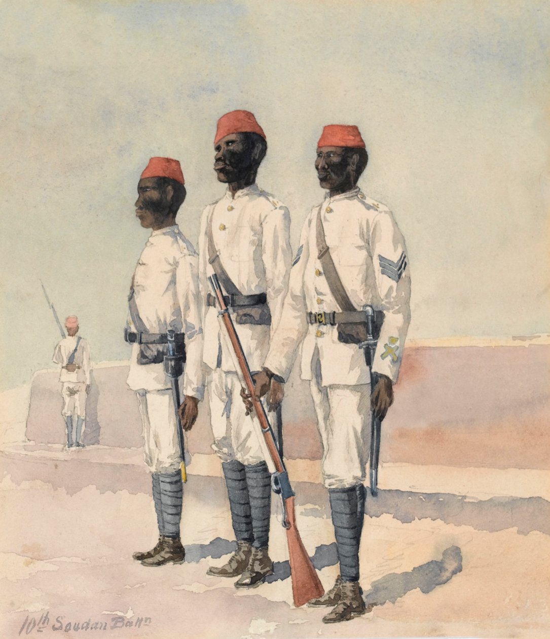 Sergeant och två andra ranger från den 10:e sudanesiska bataljonen, ca 1889 (akvarell) av Benjamin Donisthorpe Alsop Donne