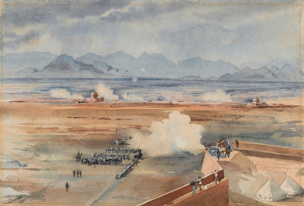 Sorte sudanesiska trupper från den anglo-egyptiska garnisonen före den framgångsrika aktionen mot dervischerna i Gemazih, Suakin, 20 december 1888 (akvarell) av Benjamin Donisthorpe Alsop Donne