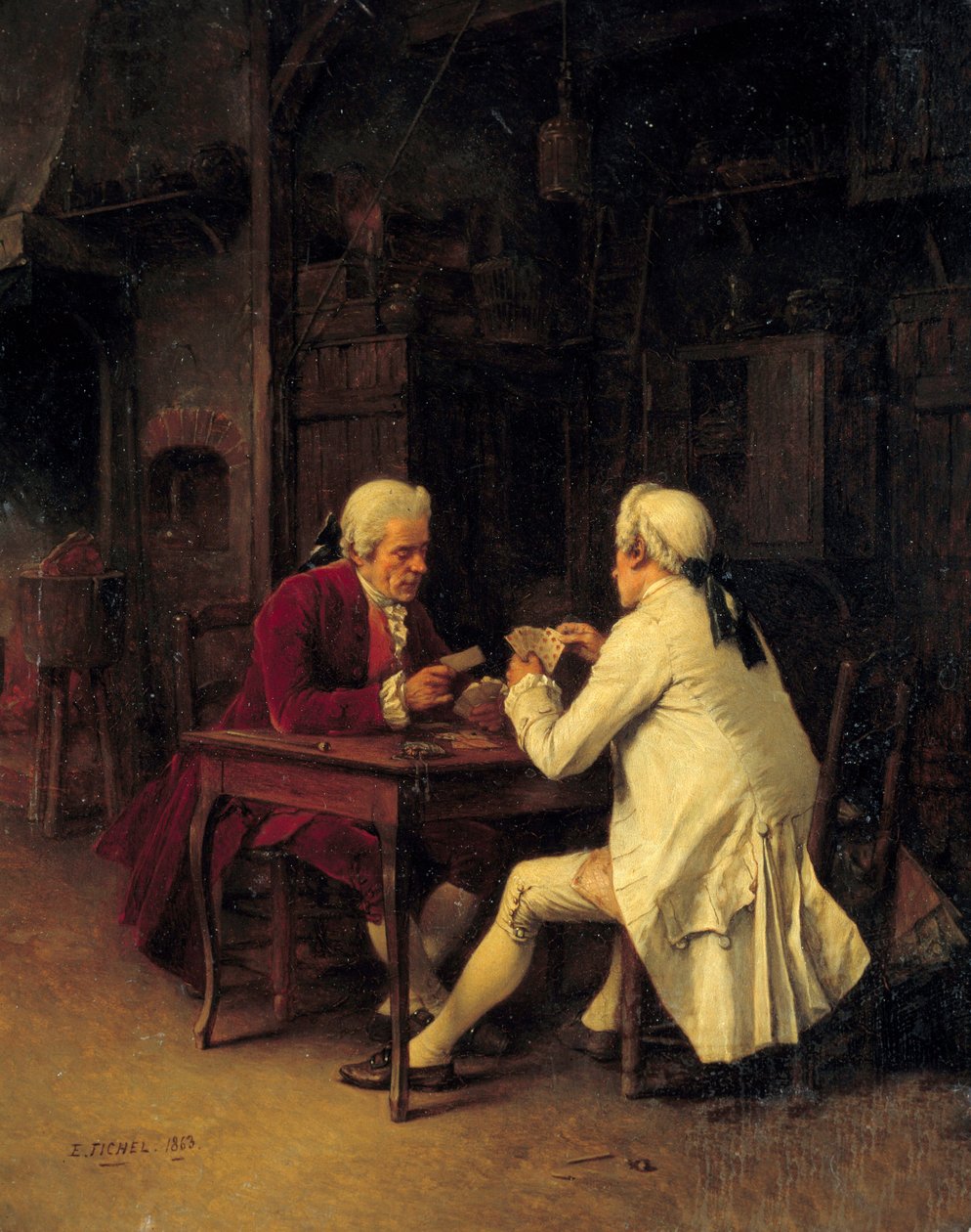 Kortspelare Målning av Eugene Fichel (1826-1895) 1863 Sön. 0,27x0,22 m av Benjamin Eugene Fichel