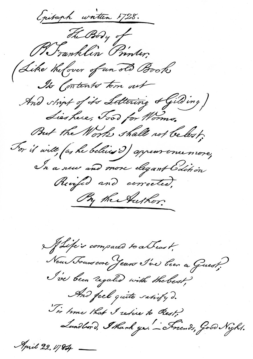 Benjamin Franklins epitafium, skrivet av honom själv, 1728, 1840 av Benjamin Franklin