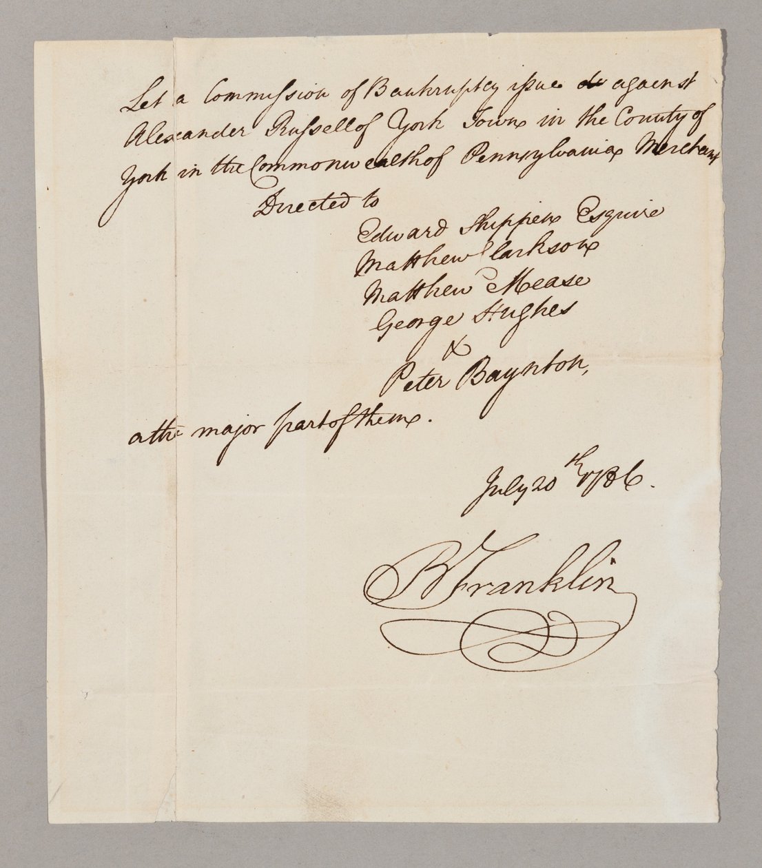 Konkurskommissionen, 20 juli 1786 (penna och bläck på papper) (se även 2561291-93) av Benjamin Franklin
