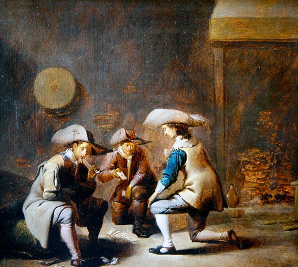 En vaktrumsinredning med soldater som spelar kort (olja på panel) av Benjamin Gerritsz. Cuyp