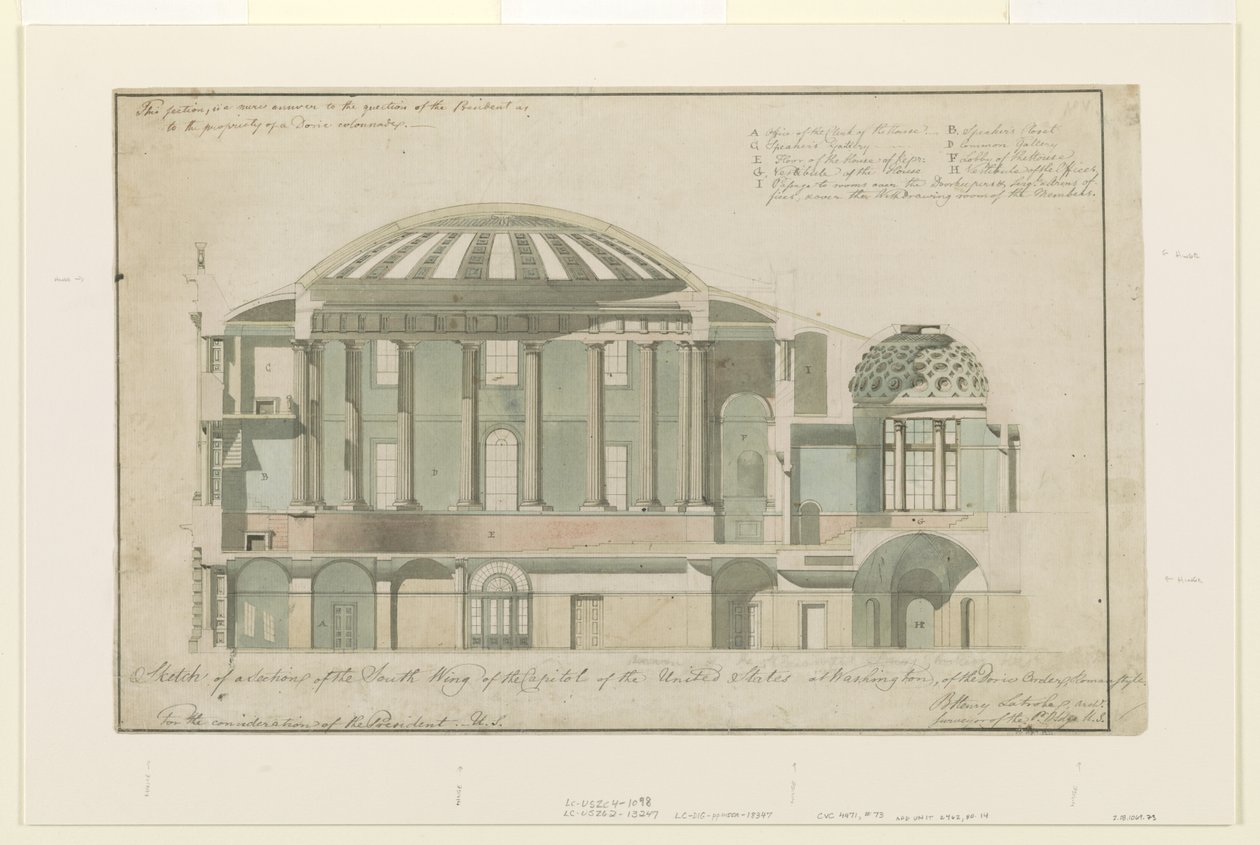 Sektion av US Capitol South Wing, 1803 (penna och bläck med tvätt på papper) av Benjamin Henry Latrobe