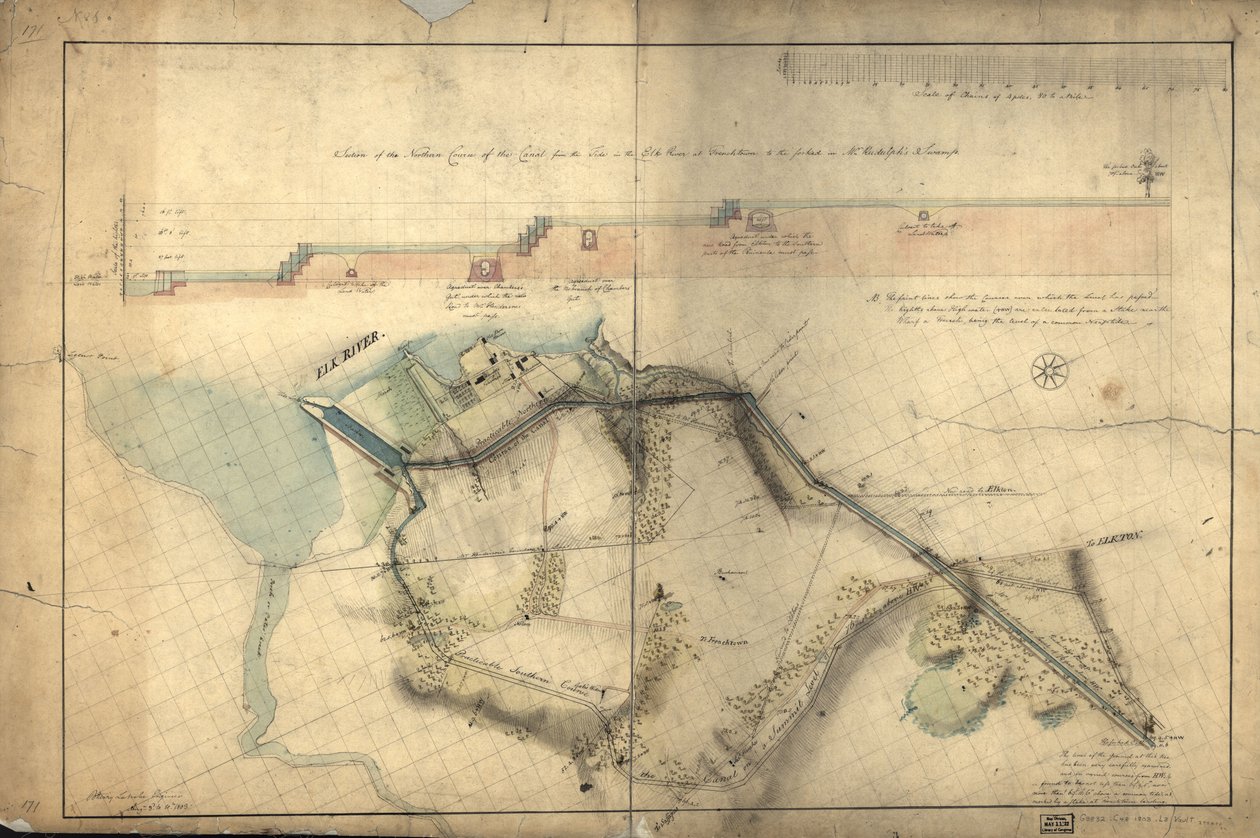 Sektion av kanalens norra lopp från tidvattnet i Elk River vid Frenchtown till den klyftade [ek] i Mr Rudulphs träsk: [Chesapeake och Delaware Canal, Maryland del] av Benjamin Henry Latrobe