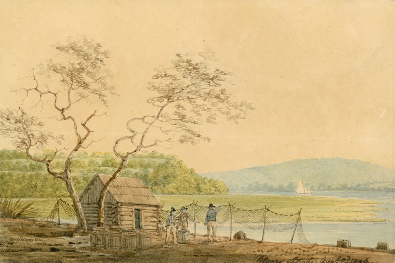 Utsikt från Packet Wharf vid Frenchtown med utsikt över Elk Creek, 1806. av Benjamin Henry Latrobe