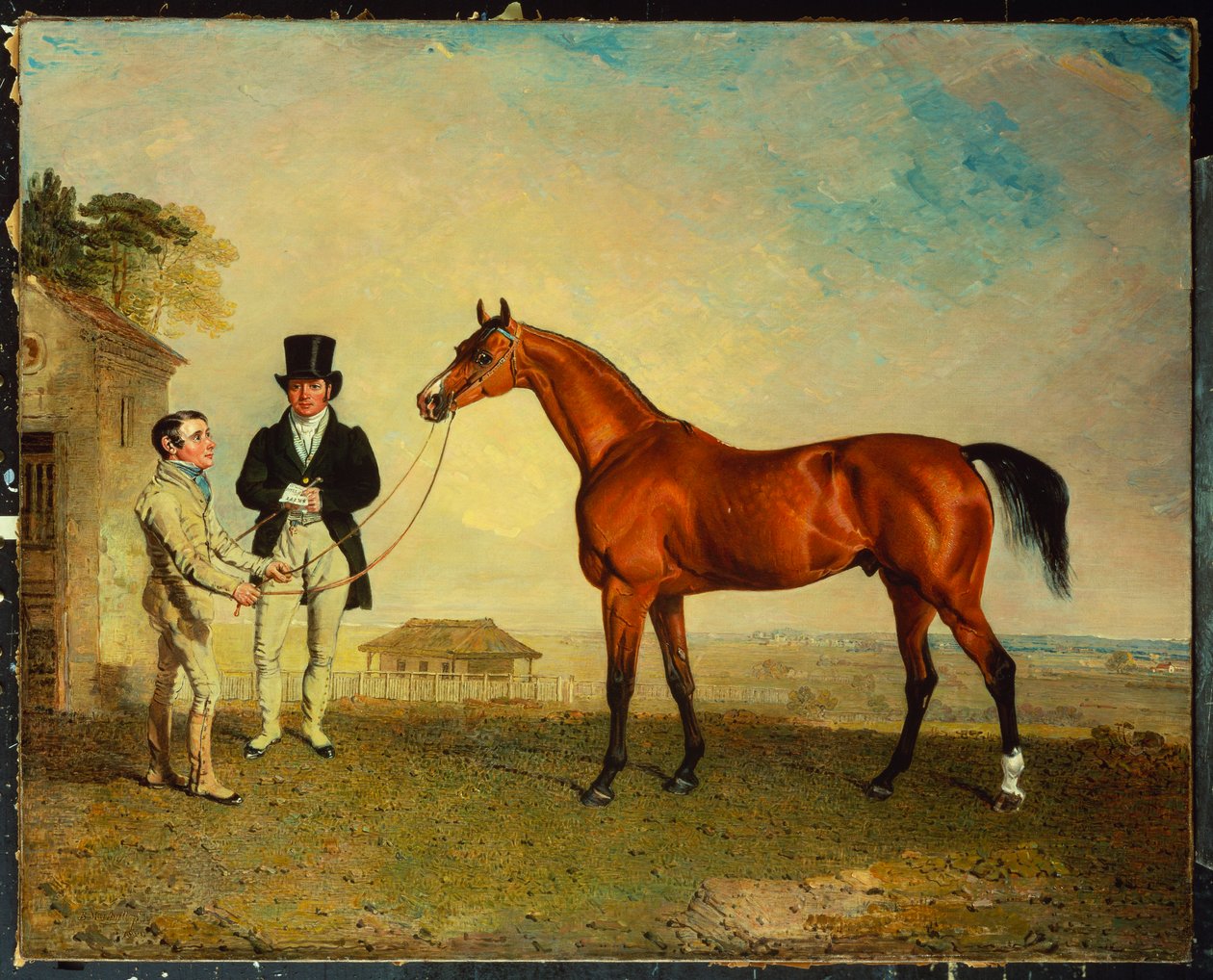 "Skiff", en kapplöpningshäst som hålls av en brudgum på Newmarket Heath, med John Howe, ägaren av stallet, vid sin sida, 1829 av Benjamin Marshall