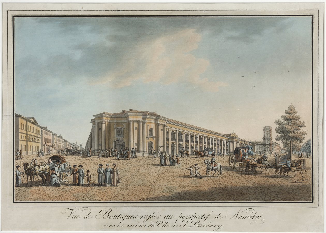 Nevsky Prospekt (perspektiv Nevski) nära den stora Gostiny Dvor och stadsduman i Sankt Petersburg - Benjamin Paterssen (1748-1815). Etsning, akvarell, efter 1802. Statens museum för Sankt Petersburgs historia av Benjamin Patersson