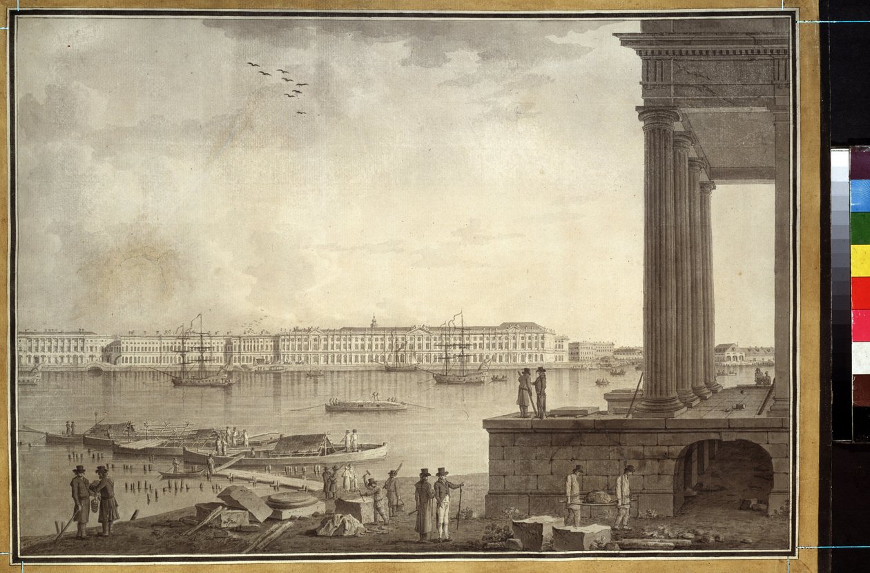 Utsikt över vinterpalatset och börsen i Sankt Petersburg. Verk av Benjamin Paterssen (1748-1815), penna och bläck på papper, ca 1790. Svensk konst av Benjamin Patersson