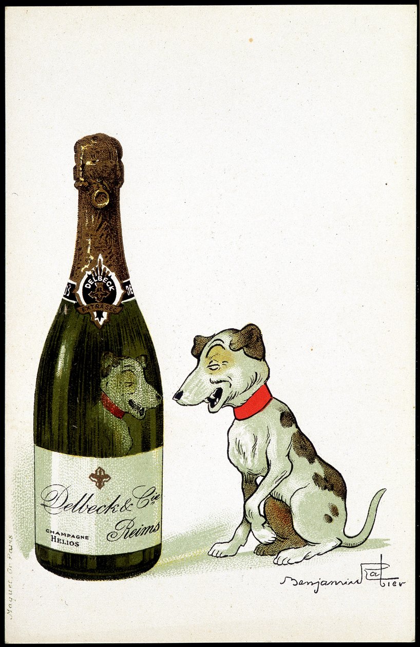 Kartong för champagne "" Delbeck et Cie, Reims", illustration av Benjamin Rabier (1864-1939), sd. tidigt 1900-tal. av Benjamin Rabier
