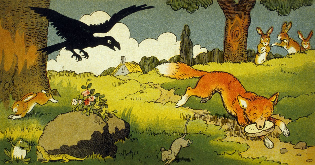 La Fontaines fabel: Kråkan och räven (illustration 1949) av Benjamin Rabier