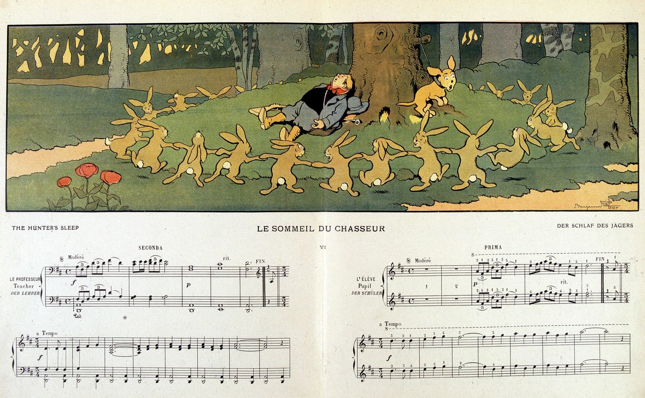 Kaniner som rundar runt en sömnig jägare - i "" Les images en musique"" av Jane Vieu, illustrerad av Benjamin Rabier (1864-1939) av Benjamin Rabier