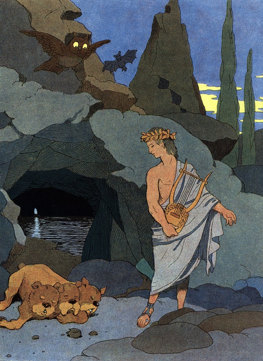 Orpheus och hans lyra sövde Cerbère hunden med tre huvuden av Benjamin Rabier