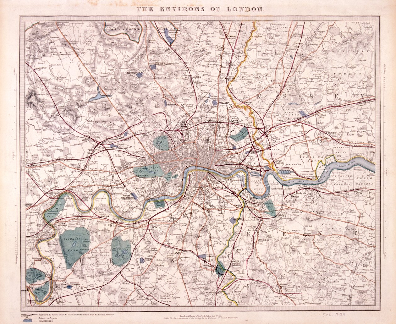 Karta över London, c1860 av Benjamin Rees Davies