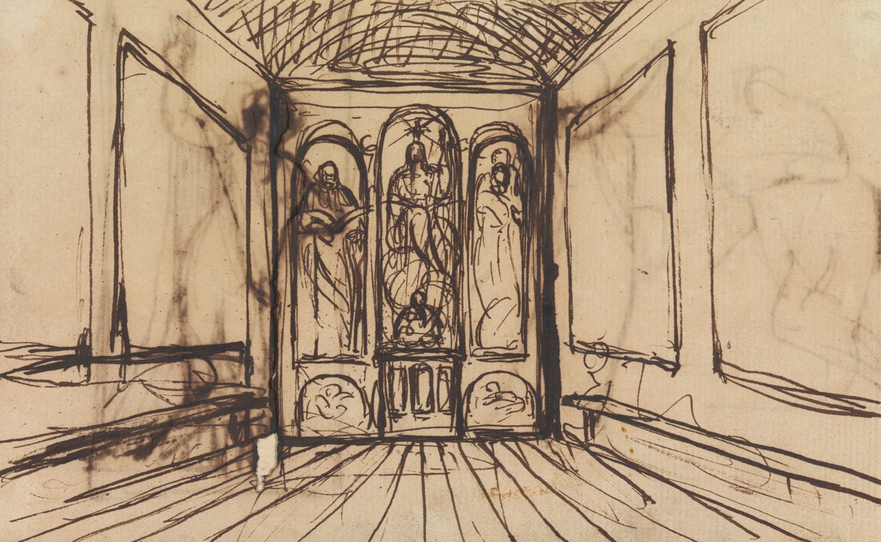 Studie av ett inre rum med religiösa bilder på väggpanelerna av Benjamin Robert Haydon