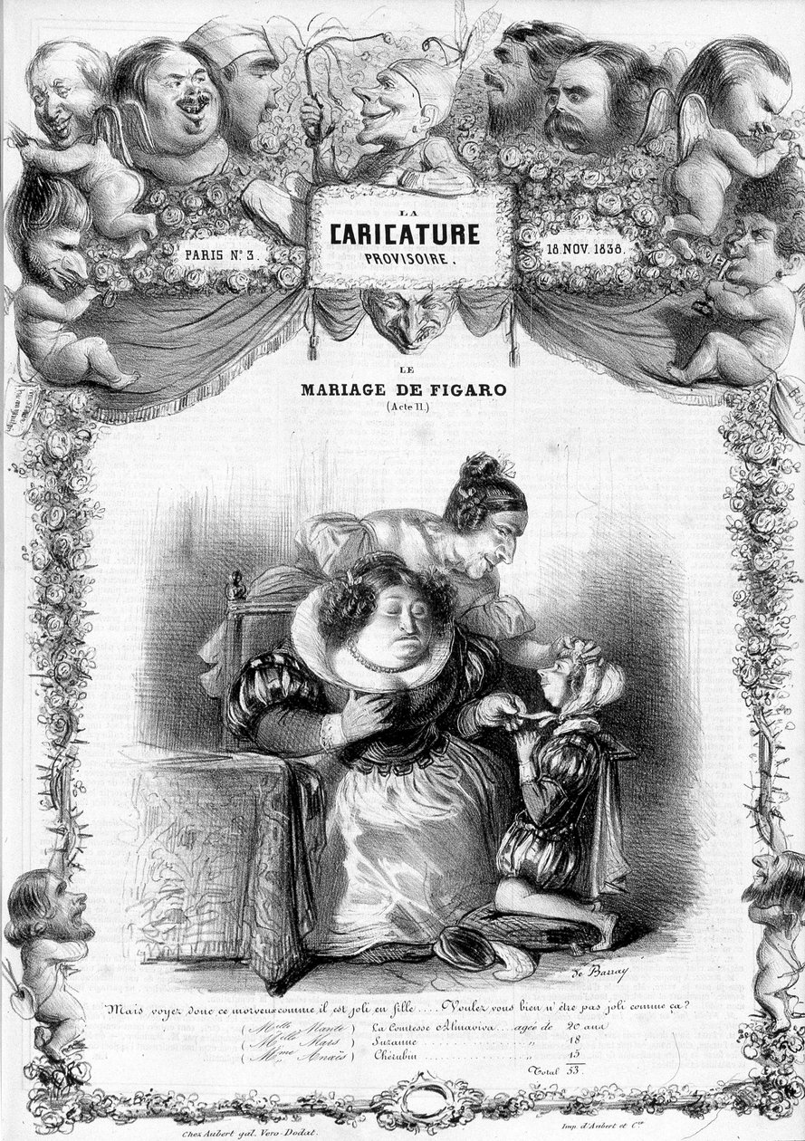Figaros äktenskap, akt 11, med karaktärerna av Suzanne och grevinnan Almaviva: "" _ men se den här snoppen hur vacker som en tjej... kommer du inte att vara snygg så? "" illustration, 1838. av Benjamin Roubaud