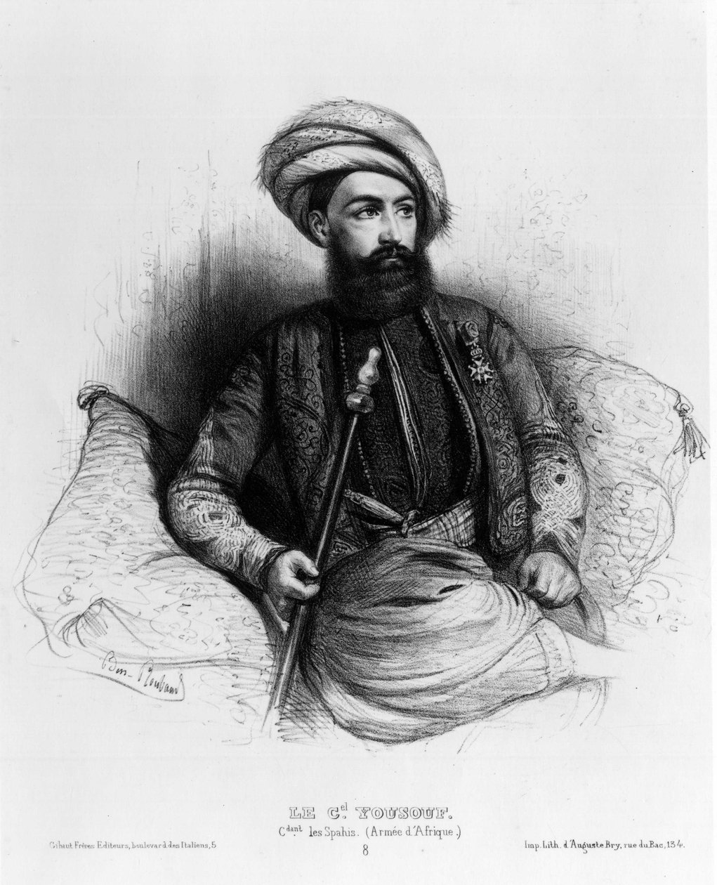 Giuseppe Vantini (eller Vaniti), även känd som Yusuf eller Yousouf (1809-1866), befälhavare för Spahis (afrikanska armén) (ritning) av Benjamin Roubaud