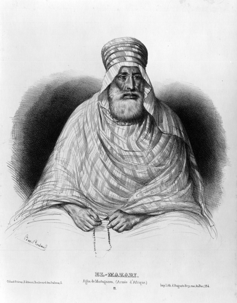 Porträtt av El Mazari, Agua de Mostaganem (= Mostaganem) (African Armee) (teckning) av Benjamin Roubaud