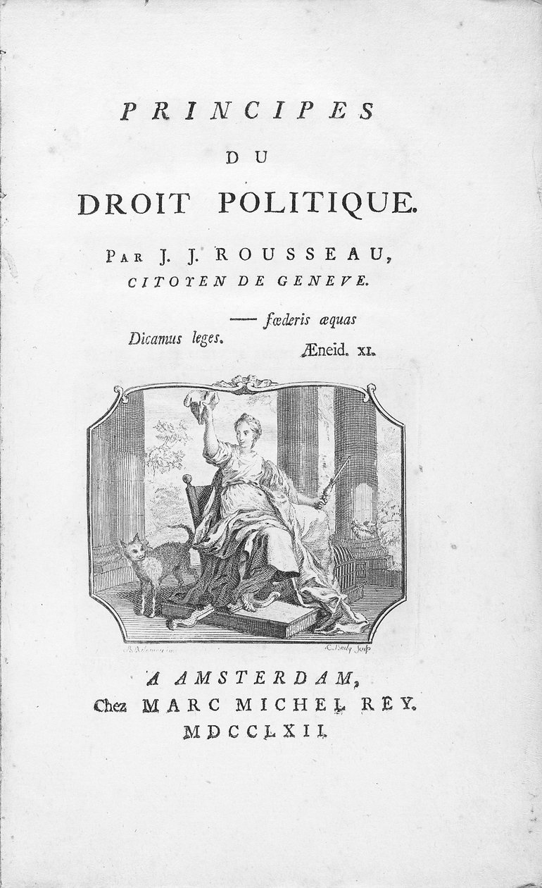 Frontispice av "Principals of Political Right" av Jean Jacques Rousseau, med allegorisk frihetsvinjett, graverad av Borly, publicerad 1762 av Benjamin Samuel Bolomey