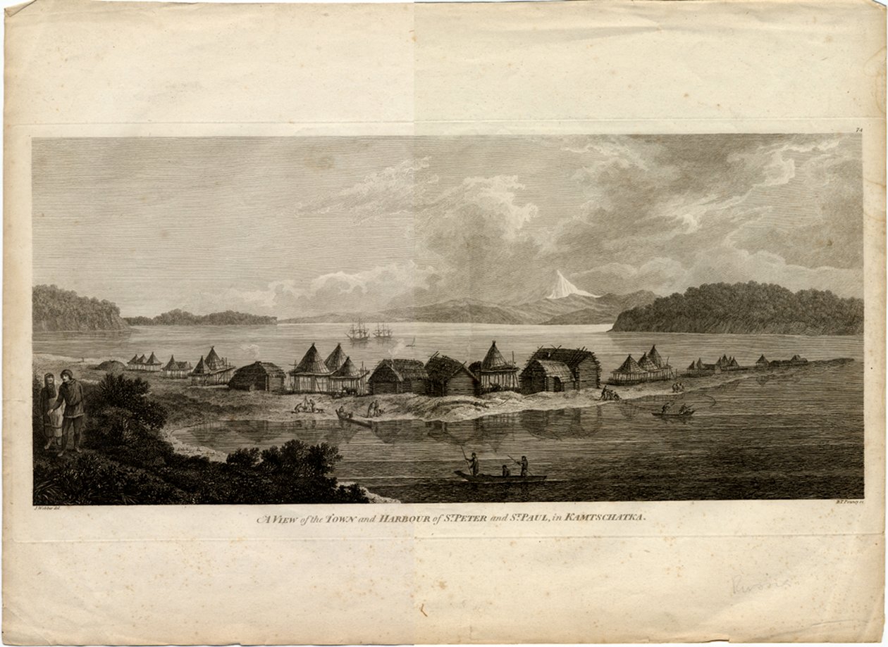 Utsikt över staden och hamnen i Petropavlovsk-Kamchatsky från resan till Stilla havet, 1785 av Benjamin Thomas Pouncey